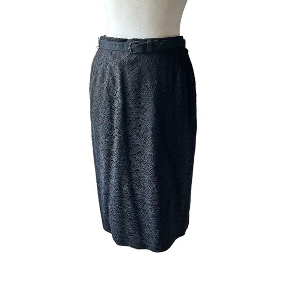 Vintage 1950s Black Lace Lined Midi Pencil Skirt with Belt - Picture 5 of 9